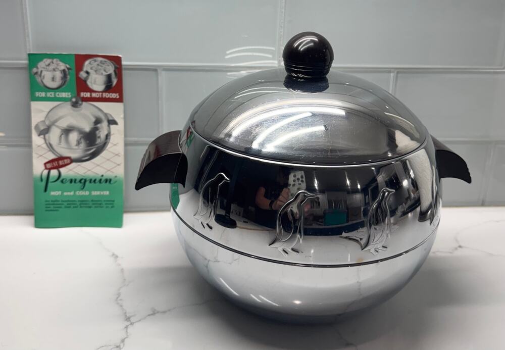 VINTAGE MCM West Bend "Penguin" Hot & Cold Chrome Server & Original Brochure